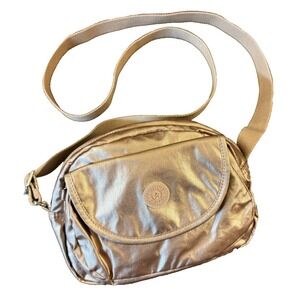 Kipling Stelma Rose Gold Metallic Pink Crossbody Bag Purse Handbag Pockets Strap